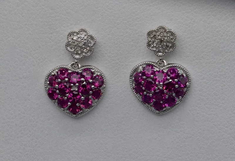 Drop Earrings for Birthday Celebration -14K white gold heart-shaped dangle earrings with Pink Garnets and Diamonds