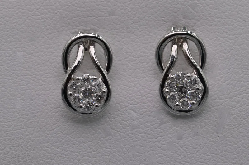 Drop Earrings for Casual Outfit -14K white gold post earrings with seven-diamond clusters