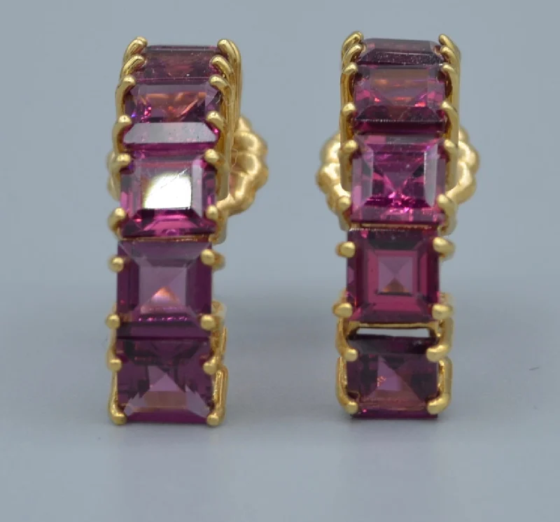 Drop Earrings with Star Motifs -14K yellow gold hoop earring with square Rhodolite garnets