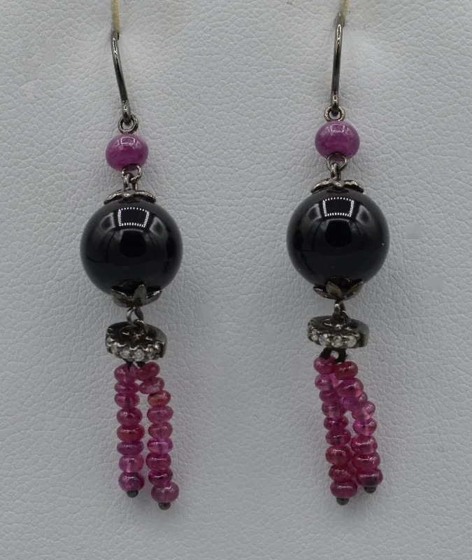 Drop Earrings for Shopping Trip -14K white gold dangle earrings 1 1/2" long with onyx, Rubies and Diamonds