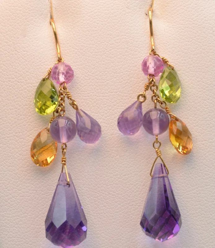 Drop Earrings for Work Attire -14K yellow gold 2" long dangle earrings with Amethysts, Peridots and Citrines