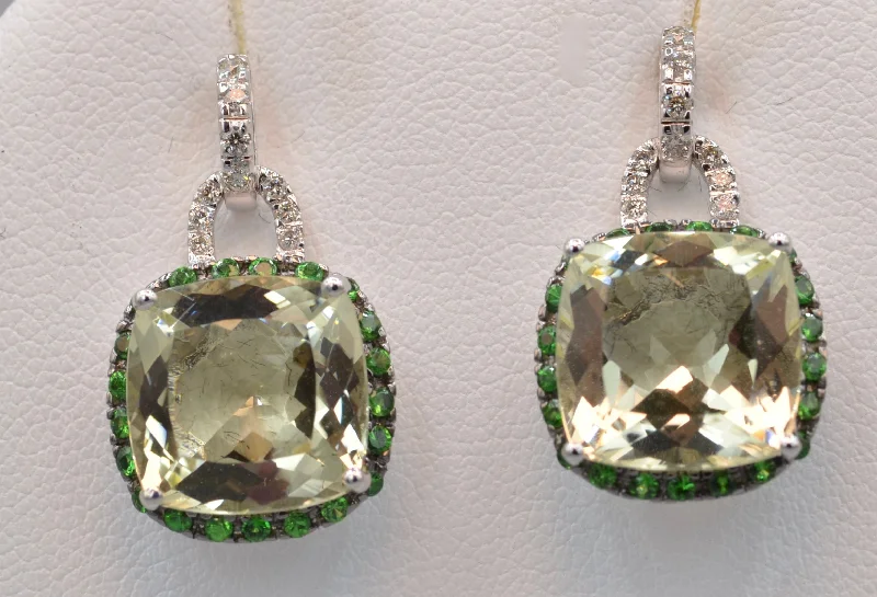 Drop Earrings for Travel Look -Green Quartz and Diamond Earrings Trimmed with Green Garnets