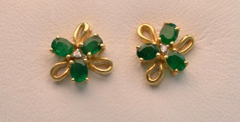 Drop Earrings for Beach Outfit -14k yellow gold post earrings with Emeralds and diamonds