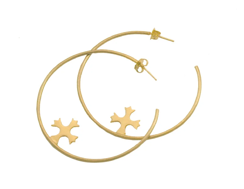 Drop Earrings for Travel Look -2" GOLD TREASURE TROVE HOOP WITH MALTESE CROSS