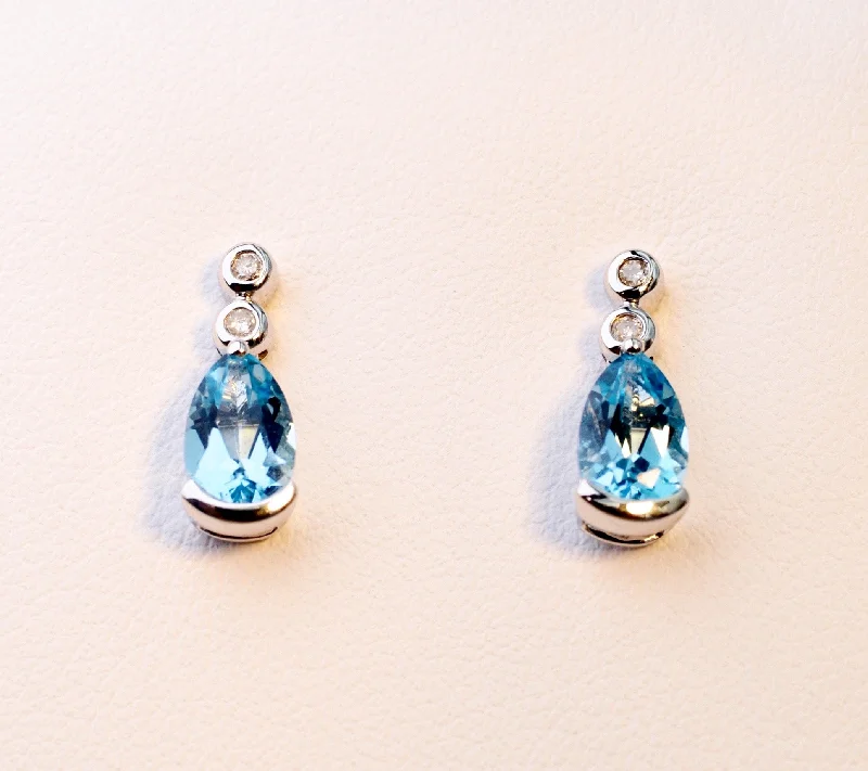 Drop Earrings for Valentine's Day -14K white gold post earrings with pear-shaped Blue Topaz drops