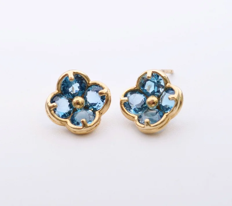 Drop Earrings for Graduation Day -14K yellow gold flower-shaped post earrings with Blue Topaz