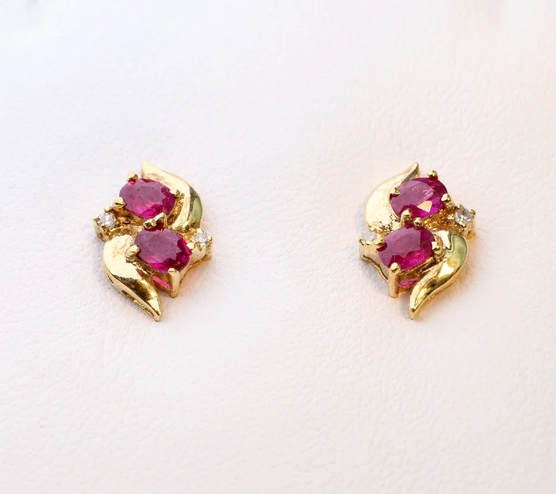 Drop Earrings for Prom Night -14K yellow gold post earrings with Rubies and Diamonds