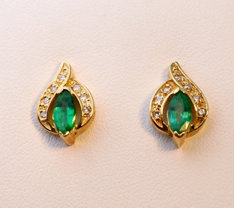 Drop Earrings with Matte Finish -14K yellow gold post earrings with Emeralds