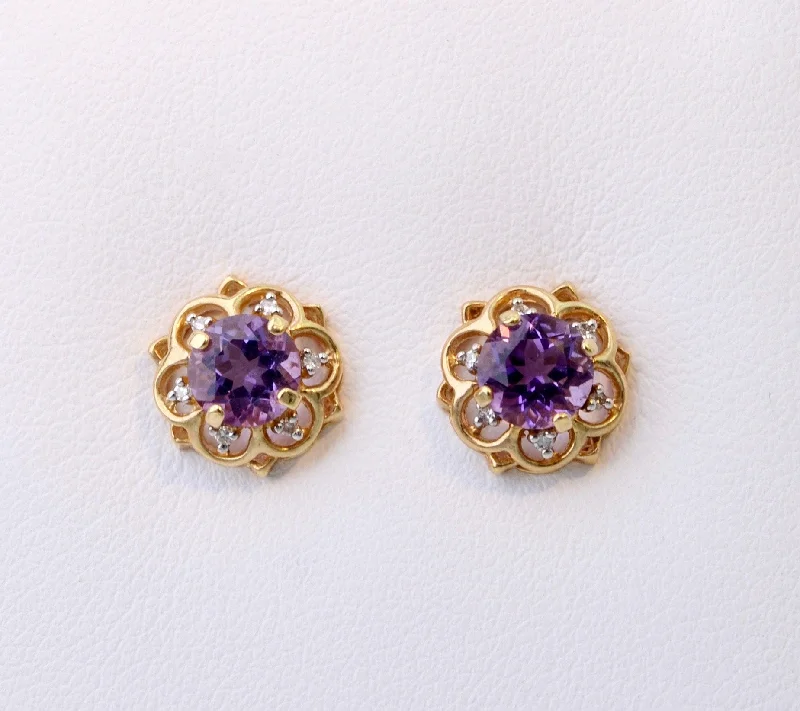 Drop Earrings with Polished Shine -14K yellow gold post earrings with one center Amethyst and six Diamonds