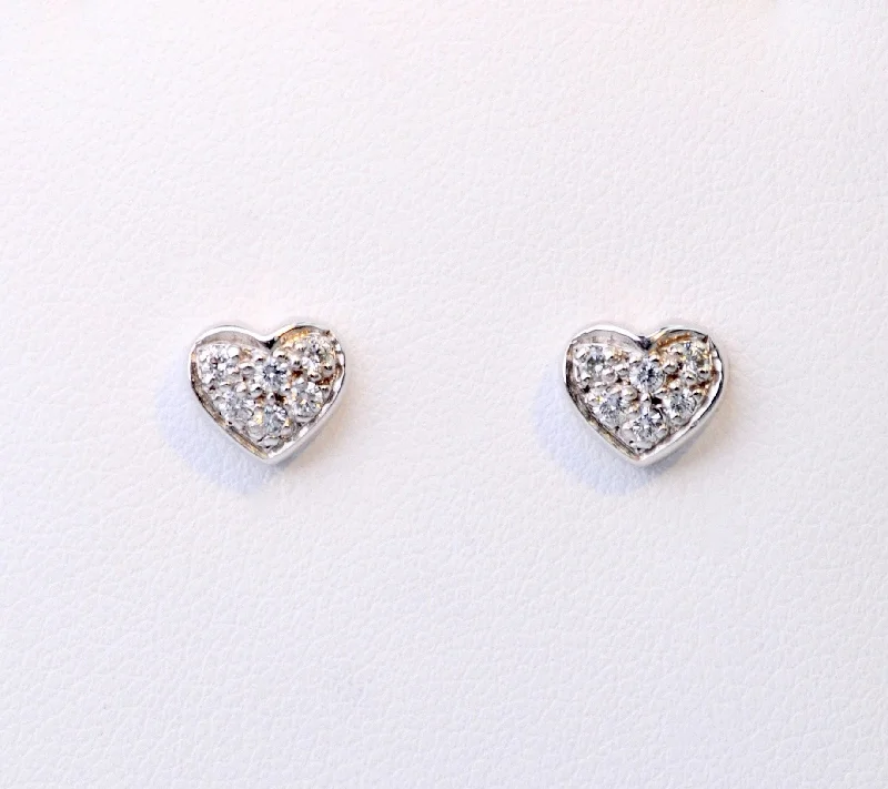 Drop Earrings with Etched Designs -14K white gold heart-shaped post earrings with pave diamonds