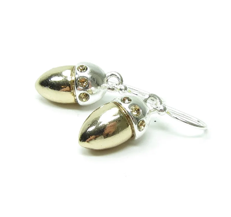 Drop Earrings with Crown Designs -Acorn Earrings Sterling Silver Acorns with Rhinestones