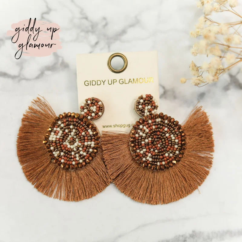 Drop Earrings for Yoga Session -Beaded Circle Earrings with Fan Fringe Trim in Brown