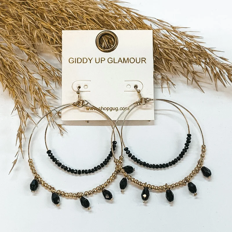 Drop Earrings for Birthday Celebration -Beaded Double Hoop Earrings with Dangles in Black and Gold