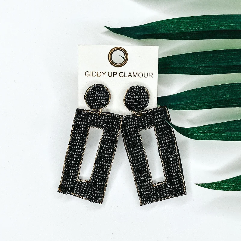 Drop Earrings with Keyhole Designs -Beaded Rectangle Drop Statement Earrings with Gold Trim in Black