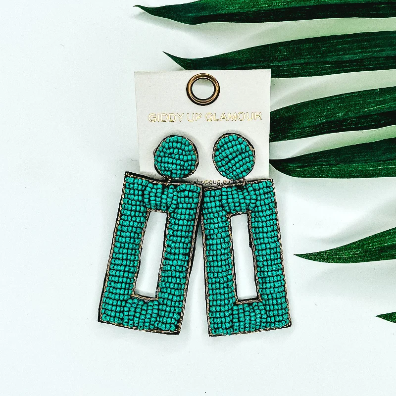 Drop Earrings with Vine Designs -Beaded Rectangle Drop Statement Earrings with Gold Trim in Turquoise