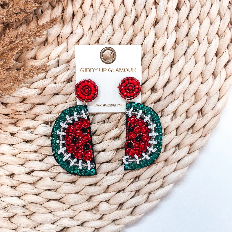 Drop Earrings for Bridesmaids Look -Beaded Watermelon Dandle Earrings with Post Back in Red and Green