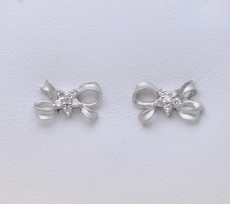 Drop Earrings with Filigree Work -Bow-shaped Post Earrings with Diamond Accents in 14K White Gold