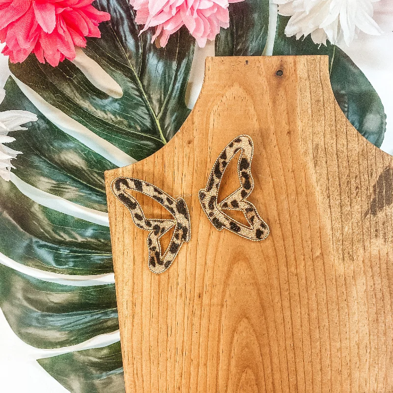 Drop Earrings with Crown Designs -Butterfly Kisses Leather Butterfly Earrings with Gold Trim in Leopard Print