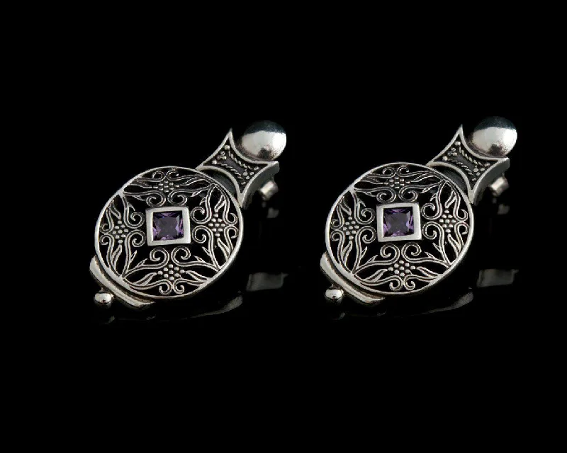 Silver Drop Earrings for Men -Byzantine Earrings in Sterling Silver with zircon (GT-08)