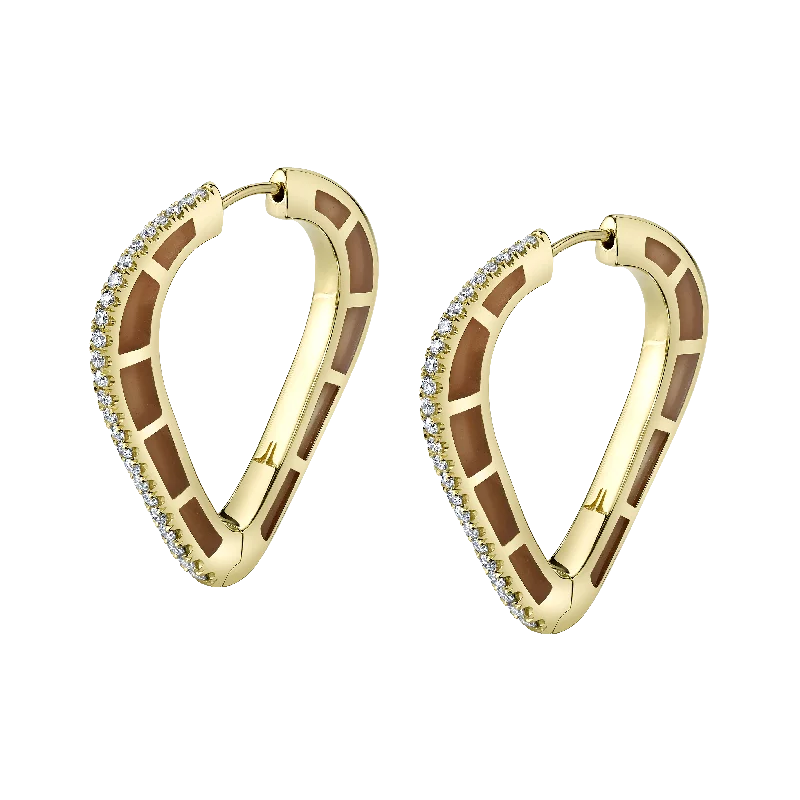 Heavy Duty Drop Earrings for Durability -Cobra Hoop Earrings with Cognac Enamel and Diamond Pave