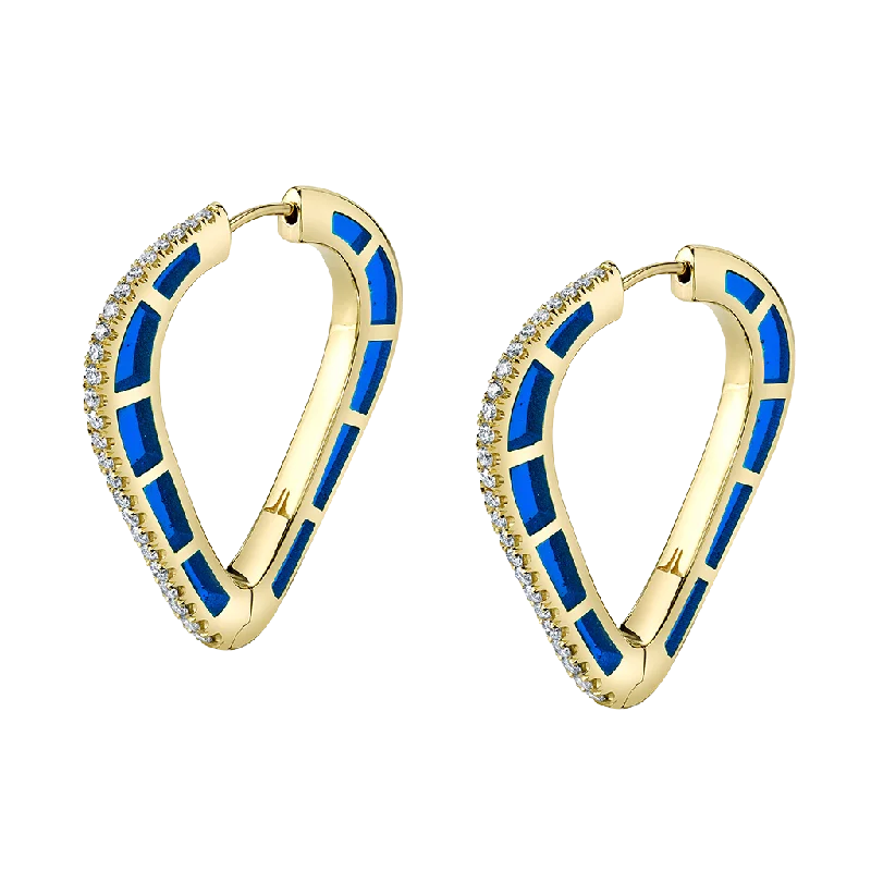 Maximalist Drop Earrings for Bling -Cobra Hoop Earrings with Blue Enamel and Diamond Pave