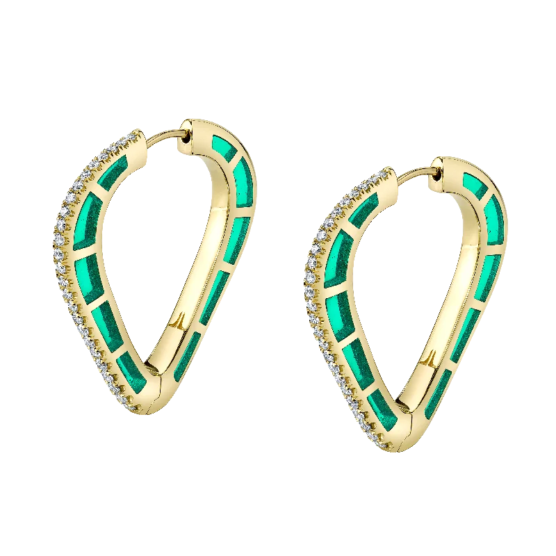 Adjustable Drop Earrings for Custom Fit -Cobra Hoop Earrings with Green Enamel and Diamond Pave