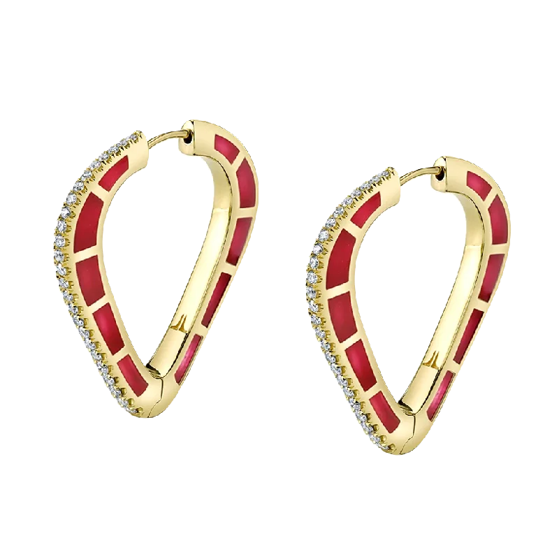 Lightweight Drop Earrings for All Day -Cobra Hoop Earrings with Red Enamel and Diamond Pave