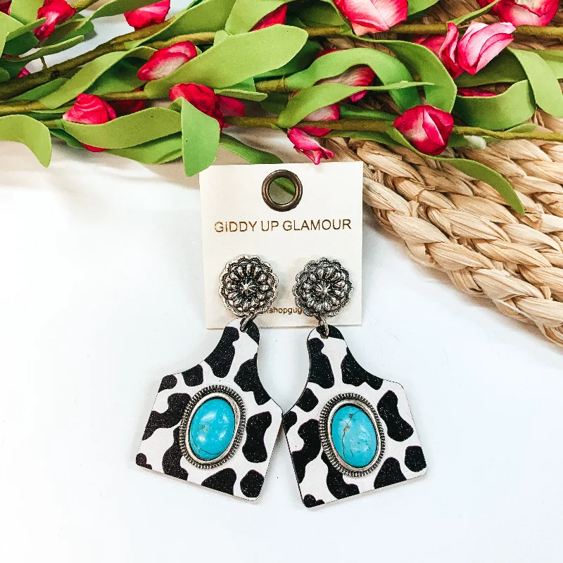 Maximalist Drop Earrings for Bling -Concho Post Ear Tag Earrings with Turquoise Stone in Cowprint