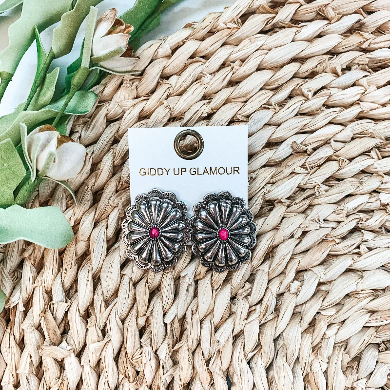 Ethnic Drop Earrings with Tribal Design -Concho Post Earrings with Pink Stone