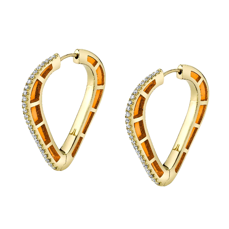 Minimalist Drop Earrings with Simplicity -Cobra Hoop Earrings with Orange Enamel and Diamond Pave