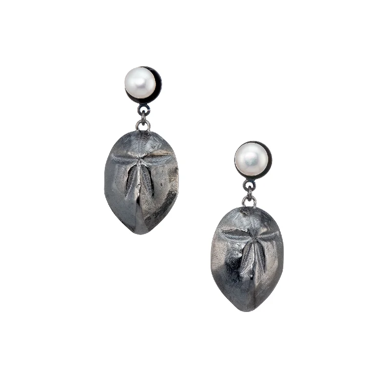 Drop Earrings with Star Motifs -Mellita - small urchin with pearl - long earrings - silver 925 - dark rhodium plated