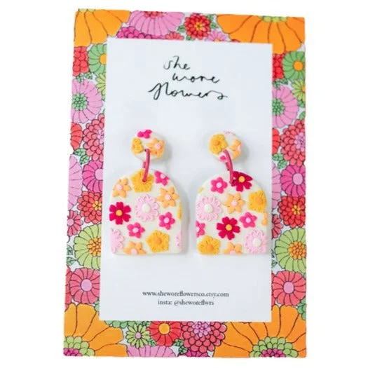 Drop Earrings with Vine Designs -She Wore Flowers Dangles - Cream with Pink Flowers