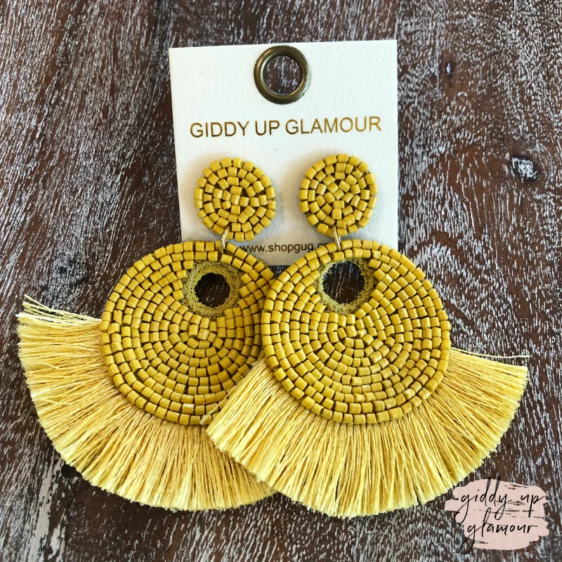 Short Drop Earrings for Subtle -Small Beaded Statement Earrings with Fringe Trim in Mustard| ONLY 1 LEFT!