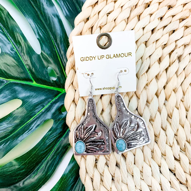 Drop Earrings for Anniversary -Country Charm Silver Ear Tag Metal Earrings With Turquoise Stone