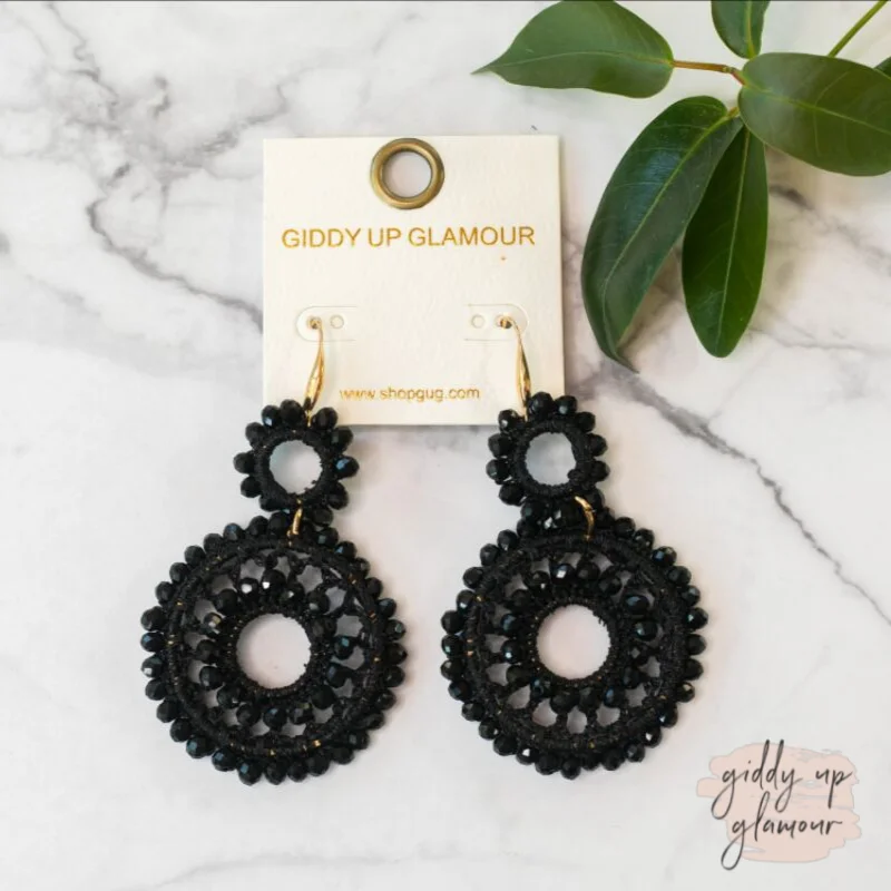 Drop Earrings with Star Motifs -Crocheted Earrings with Beaded Trim in Black