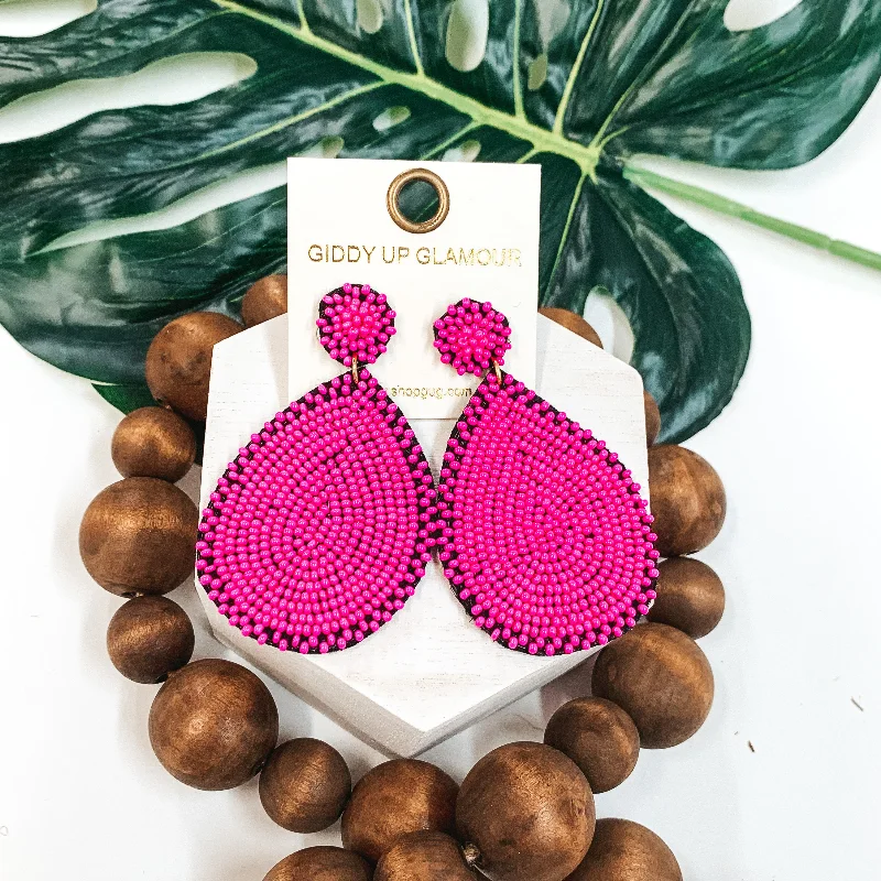 Drop Earrings with Etched Designs -Crystal Beaded Circle Post Earrings with Large Teardrop Dangle in Fuchsia