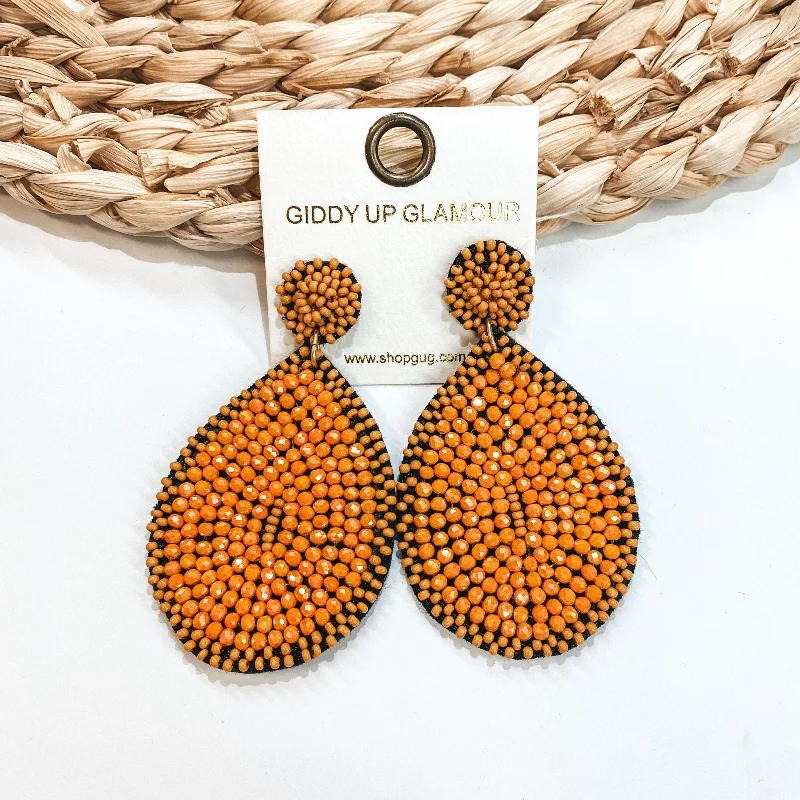 Drop Earrings with Hammered Finish -Crystal Beaded Circle Post Earrings with Large Teardrop Dangle in Orange