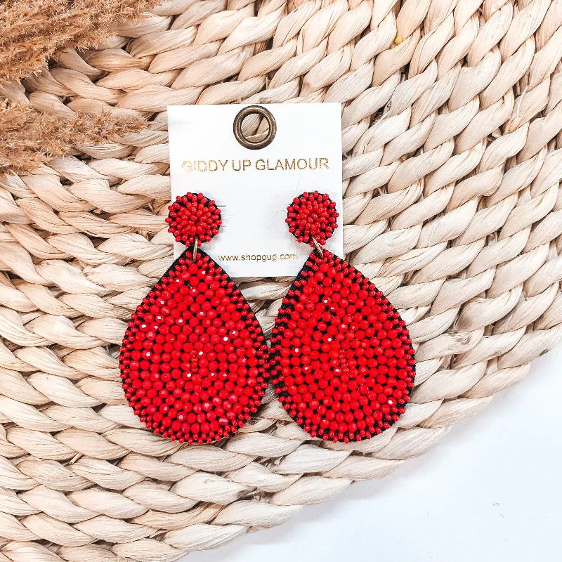 Drop Earrings for Christmas Party -Crystal Beaded Circle Post Earrings with Large Teardrop Dangle in Red