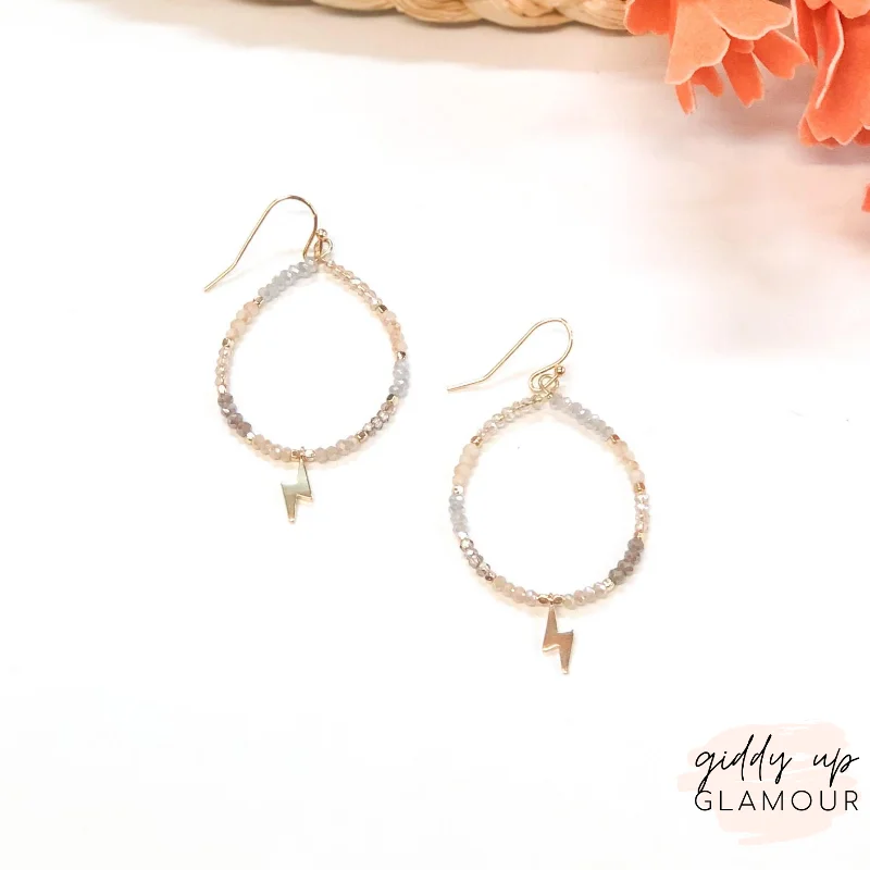 Drop Earrings for Party Look -Crystal Beaded Hoop Earrings with Gold Lightning Bolts in Neutral