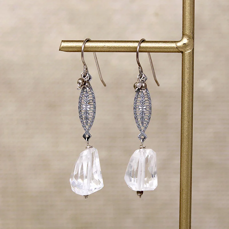 Lightweight Drop Earrings for All Day -Crystal & Filigree Earrings with Brass Accents by Brin