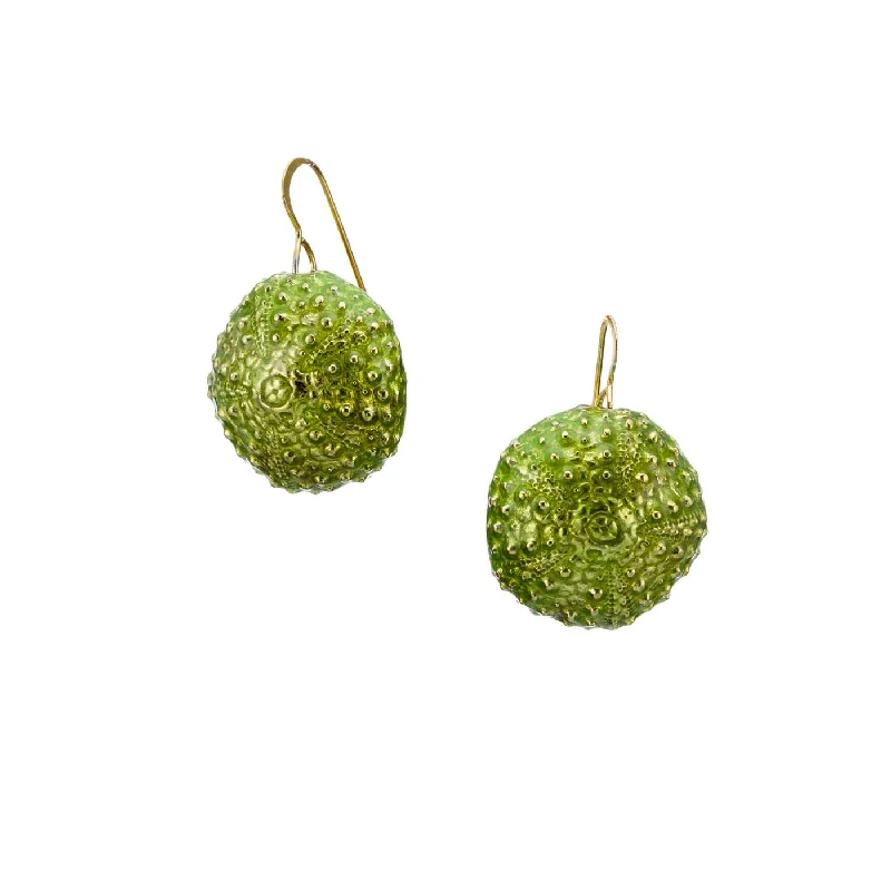 Drop Earrings with Keyhole Designs -Big urchin with enamel - dangly earrings - brass - green