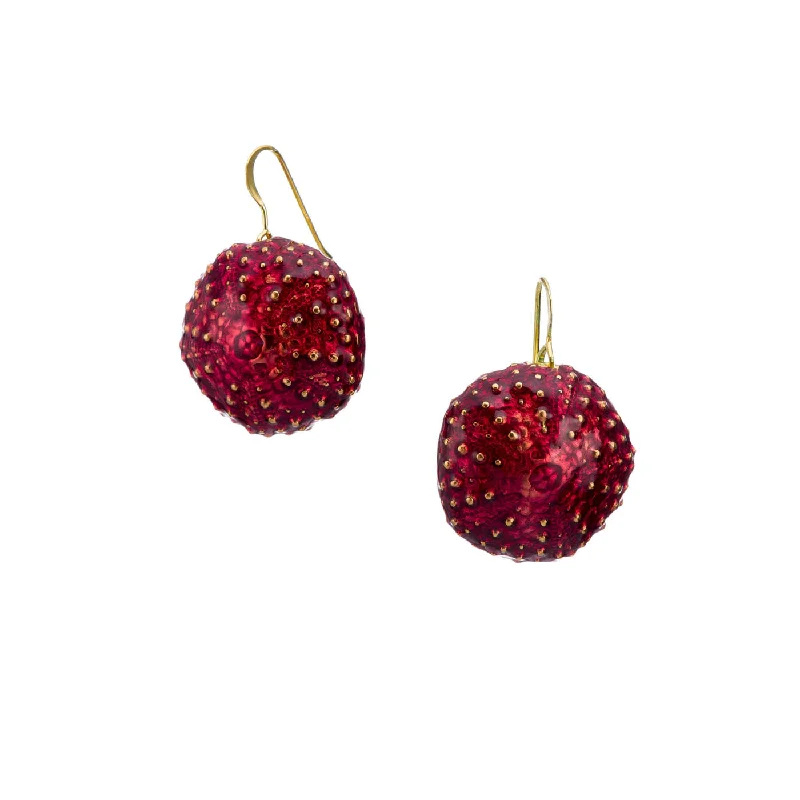 Drop Earrings with Animal Motifs -Big urchin with enamel - dangly earrings - brass - red