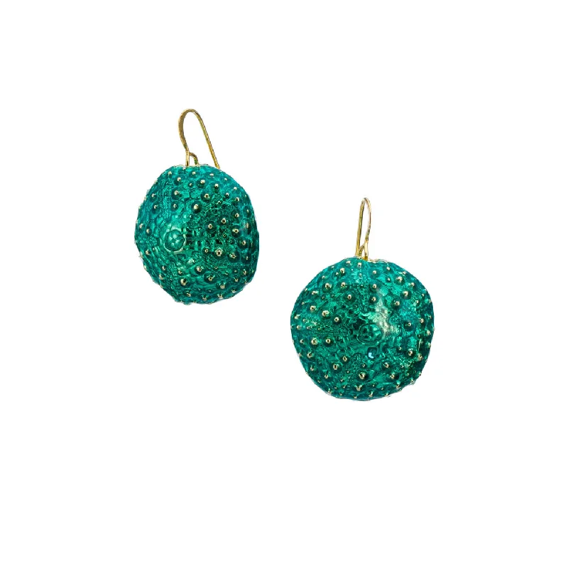 Drop Earrings with Crown Designs -Big urchin with enamel - dangly earrings - brass - turquoise