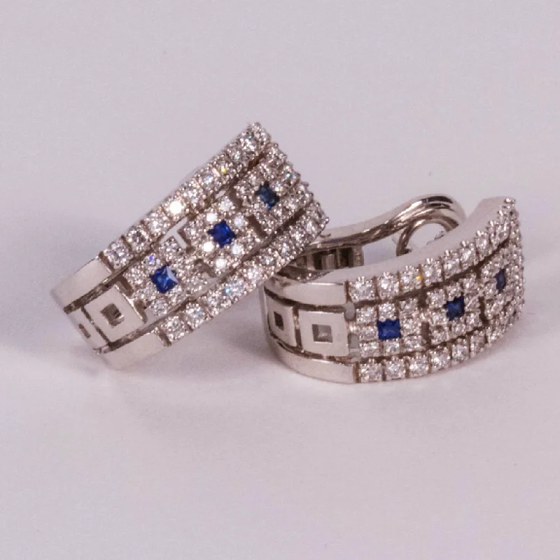 Drop Earrings with Animal Motifs -18K White Gold Diamond Hoop Earrings with Sapphires