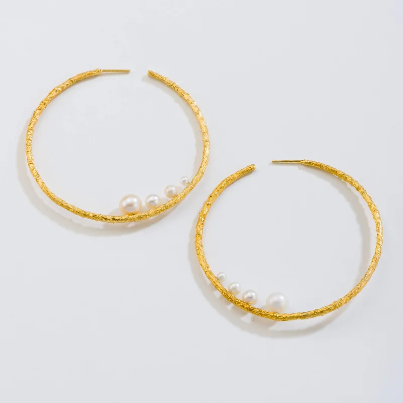 Drop Earrings for Formal Attire -Large open hoops with pearls - earrings - silver 925 - gold plated