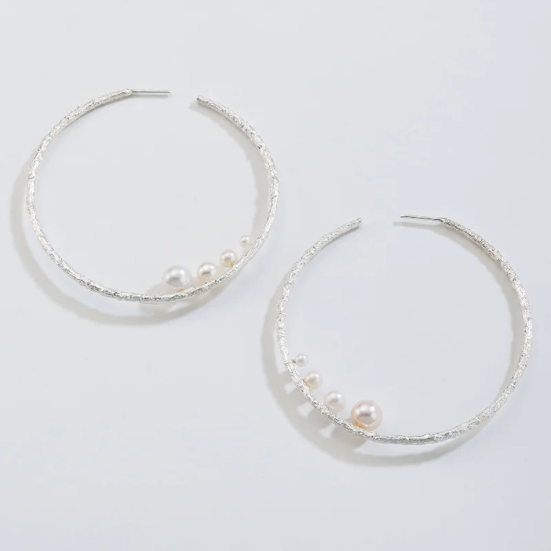 Drop Earrings for Casual Outfit -Large open hoops with pearls - earrings - silver 925