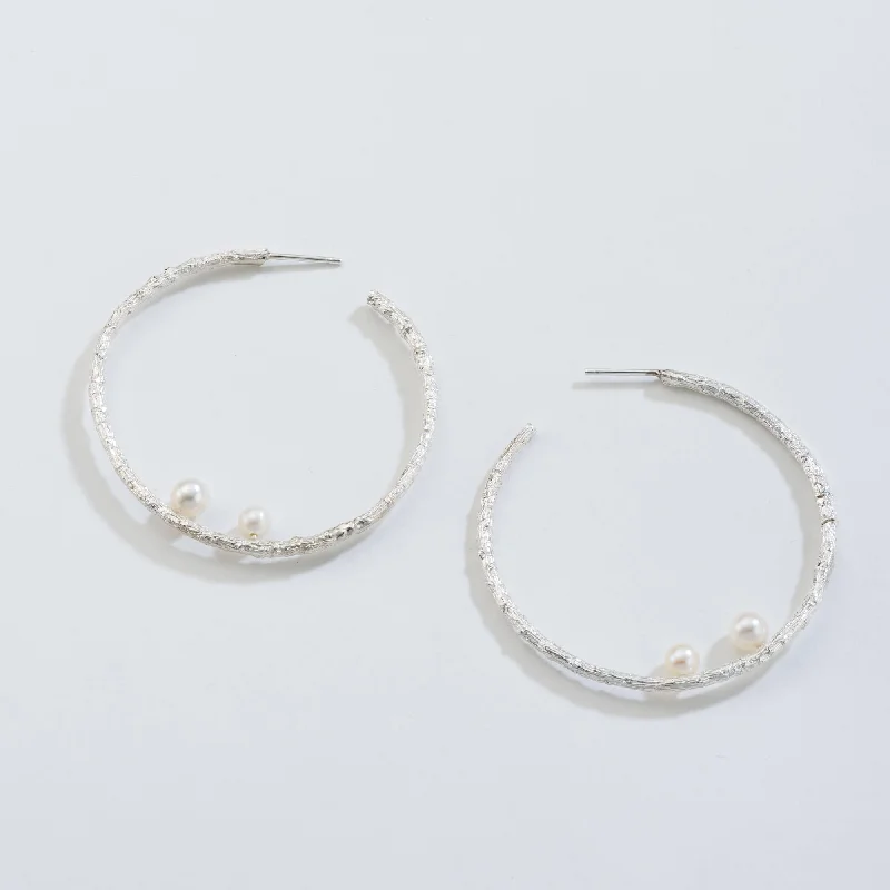 Drop Earrings for Office Wear -Μedium open hoops with pearls - earrings - silver 925