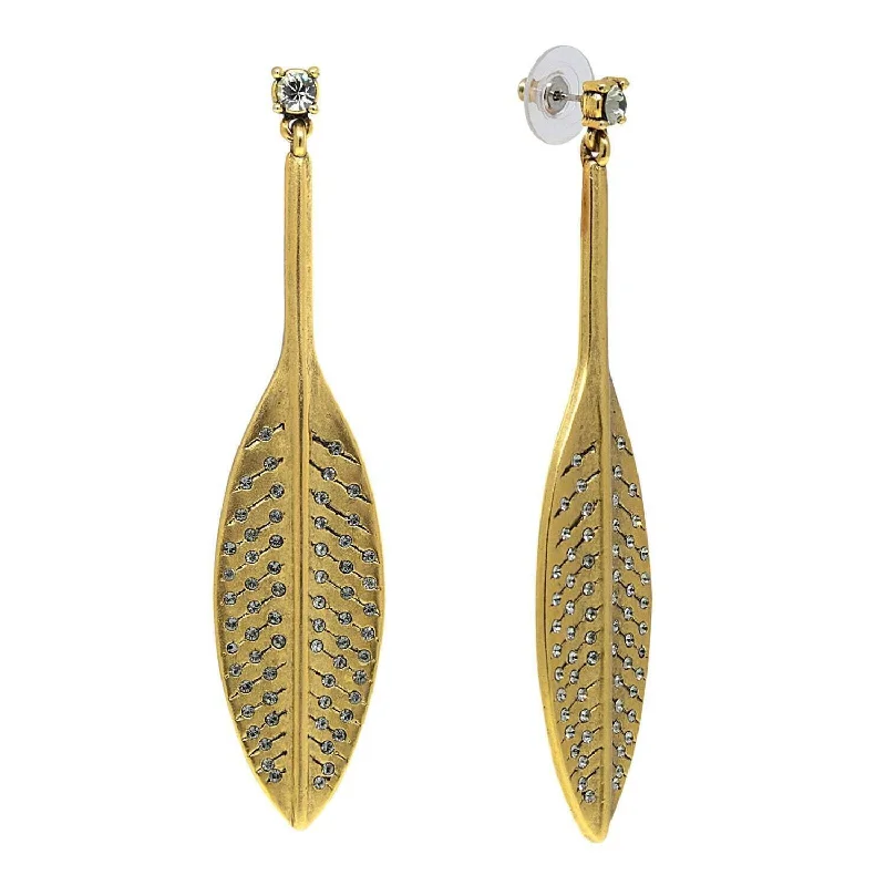 Ethnic Drop Earrings with Tribal Design -T.R.U. Feather Hand Set Pave Earrings With Austrian Crystal