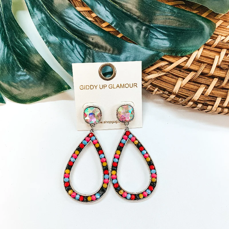 Contemporary Drop Earrings for Fashion -Glass Beaded Teardrop Post Earrings with AB Crystal in Multi