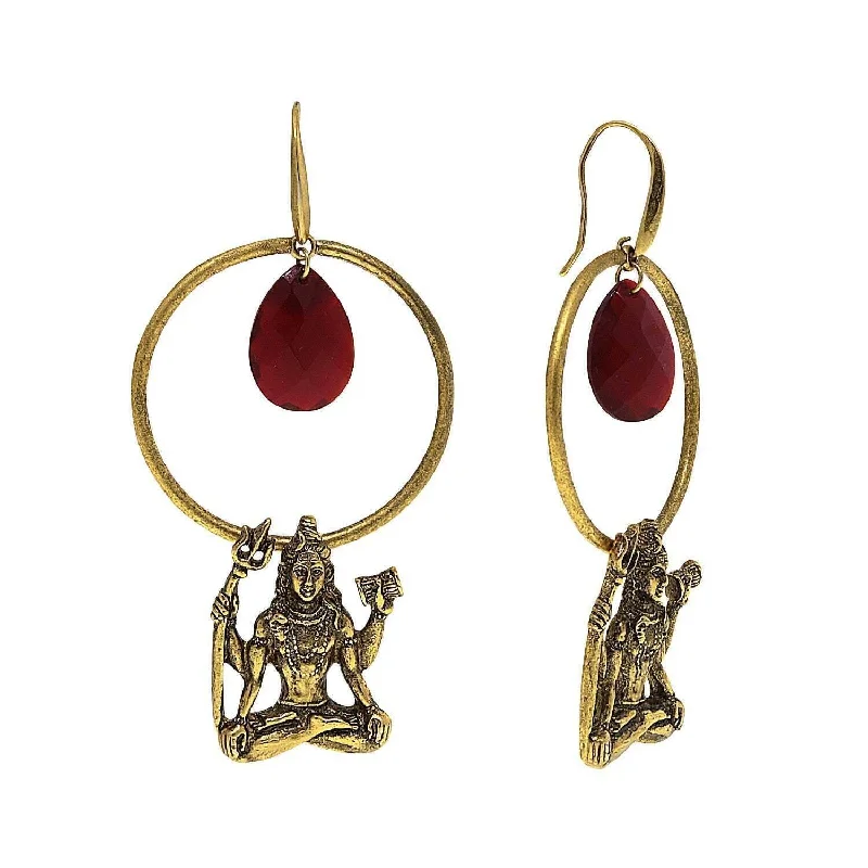 Geometric Drop Earrings for Trend -T.R.U. Goddess  Shiva Hoop Earrings With Red Briolette Center